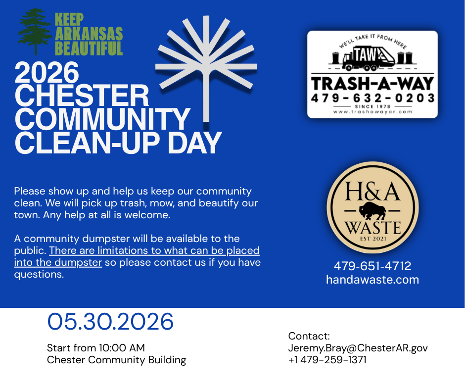 A Flyer for the 2026 Chester Community Cleanup Event hosted on May 30th, 2026